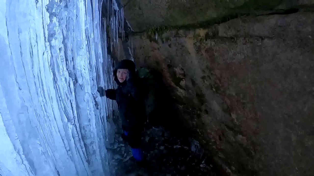 Winter Camping Under Frozen Waterfall in Survival Shelter Hot Tent - Winter Backpacking & Hiking