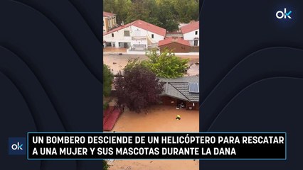 Un bombero desciende de un helicóptero para rescatar a una mujer y sus mascotas durante la DANA