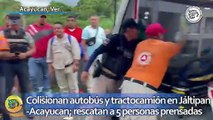 Colisionan autobús y tractocamión en tramo Jáltipan-Acayucan; rescatan a 5 personas prensadas