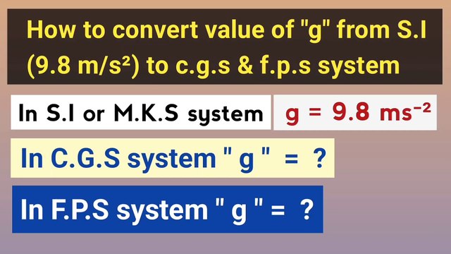 How to convert value of acceleration due to gravity g from mks or Si system to cgs and fps system