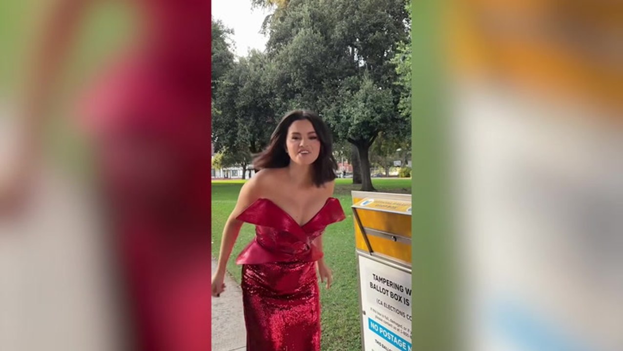 Selena Gomez casts election vote on way to Wizards Beyond Waverly Place premiere