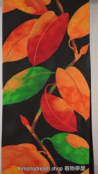 Colorful Autumn Leaves on Black Polyester Fukuro Obi - Vintage Women's Kimono Belt - Embroidered - Traditional Clothing