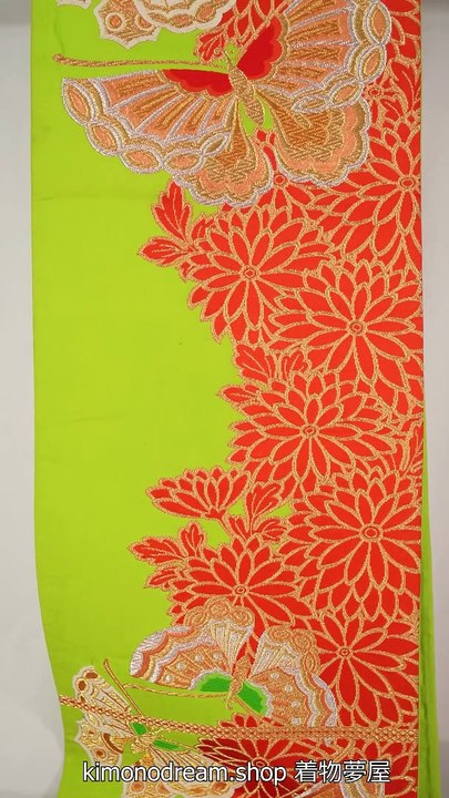 Green, Red, Orange Fukuro Obi with Butterflies and Chrysanthemums - Vintage Silk Women's Kimono Belt - Traditional Japanese Accessory Global Shipping