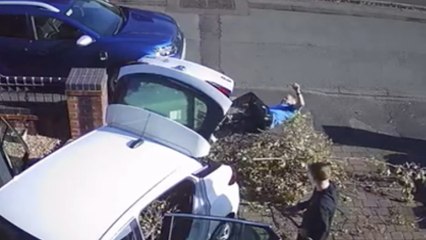 Clumsy dad jumps into wheelie bin to stamp it down - and topples over