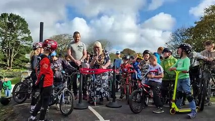 The moment that the mayor of Bodmin, Cllr Liz Ahearn, opened Pendowr pump track by scootering down it