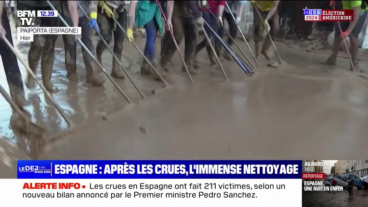 Pelles, raclettes, grues... Tous les moyens sont mis en œuvre pour nettoyer les villes après les inondations en Espagne