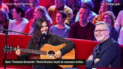 Joyce Jonathan venue chanter guitare à la main face à Laurent Ruquier et Michel Drucker dans Vivement dimanche
