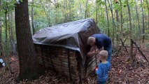 Primitive Shelter Camping - Bushcraft Log Cabin in Rain Storm