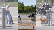 Köpeği ile beraber böyle vakit geçirdi: Köpeğini parka getiren yaşlı vatandaş...