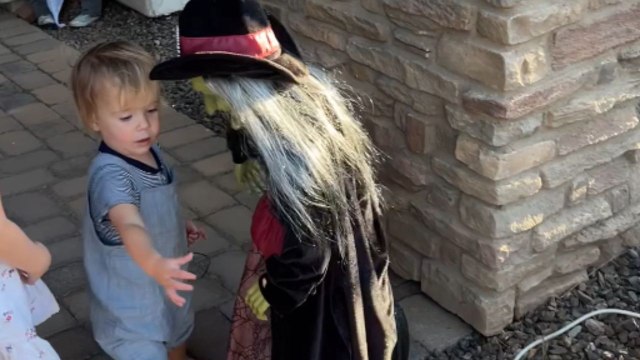 Toddler conquers his fear by pushing over the Halloween witch in frustration