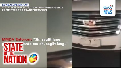 SUV na may pekeng plakang "7" na pang-senador, pumasok sa EDSA Bus Lane at muntik tumbukin ang sumitang enforcer | SONA