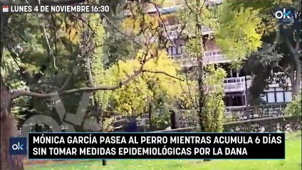 Mónica García pasea al perro mientras acumula 6 días sin tomar medidas epidemiológicas por la DANA