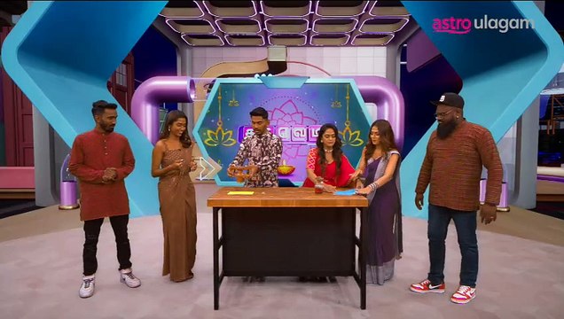 A vibrant group of influencers—Thiyagu B, Marie Dashani, Vickneswari, and Katiravan—on the set of Saravedi! They share their cherished Deepavali moments and join in on some fun Deepavali games.