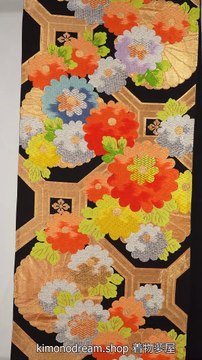 Gold Chrysanthemums & Geometric Tortoise Shells on Black Fukuro Obi - Vintage Silk Floral Kimono Belt for Women - Embroidered Flowers