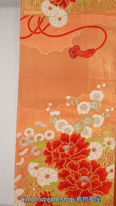 Orange Fukuro Obi with Embroidered Peonies Chrysanthemums & Leaves - Traditional Silk Kimono Belt for Women - Vintage Yamato Brand Clothing