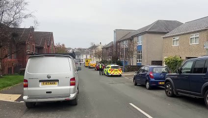Police drone flying above scene on Murrays Road, Douglas
