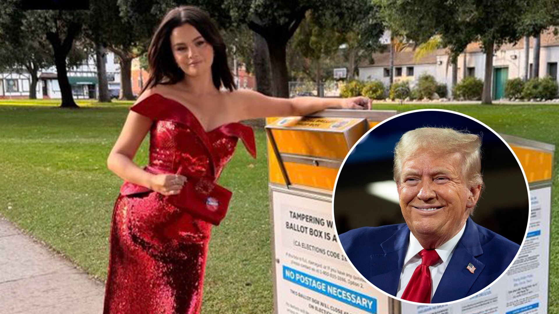 Selena Gomez vestida completamente de rojo para las votaciones en Estados Unidos Guio a favor de Trump?