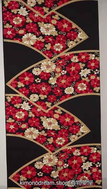 Red & Gold Chrysanthemums in Folding Fans Fukuro Obi - Vintage Silk Women's Kimono Belt - Day Lillies, Vines, Floral - Traditional Japanese Clothing