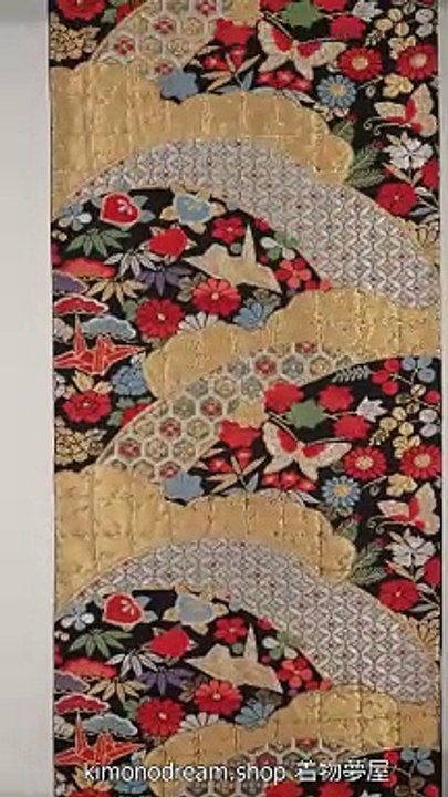 Boundless Flowers Origami & Trees on Black Fukuro Obi - Embroidered Chrysanthemums, Butterflies, Paper Cranes, Tachibana, Gold Leaf, Shippou, Kaede