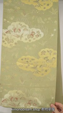 Light Green Fukuro Obi with Phoenixes, Plum Blossoms, Paulownias, Pine Trees, Kaede in Clouds - Seigaiha, Rising Steam, Ferns, Kiku, Bamboo Leaves
