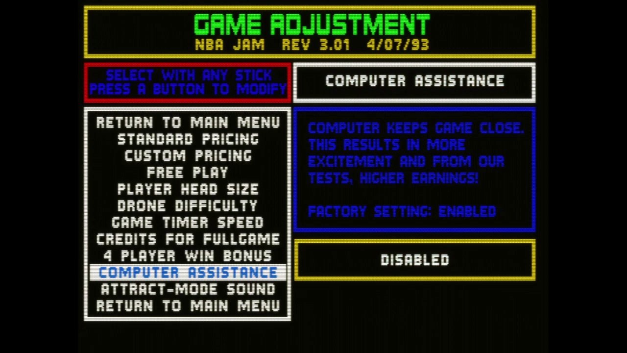 NBA Jam (M.A.M.E) Disabling the CPU Assistance in NBA Jam in Secret Menue Screen