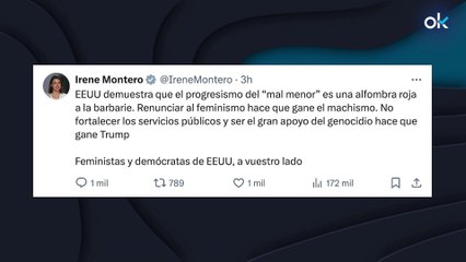 Irene Montero rabia por la victoria de Trump: "Ha ganado el machismo"