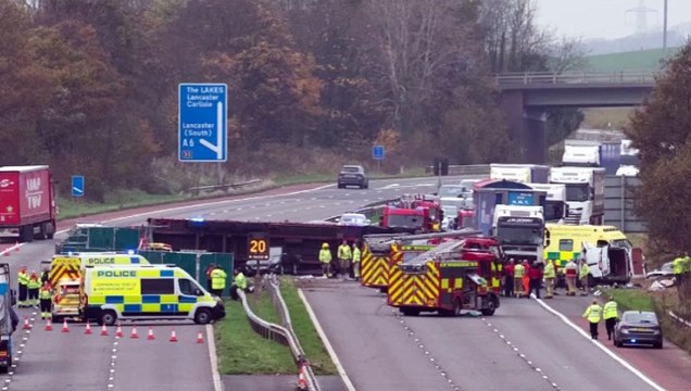 Footage shows aftermath of M6 crash after lorry smashes through central reservation