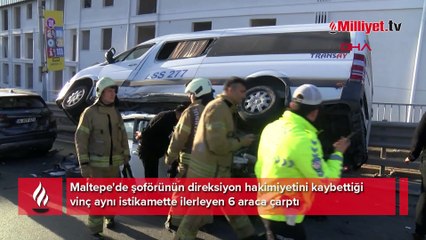 Maltepe'de feci kaza! Kontrolden çıkan vinç 6 araca çarptı