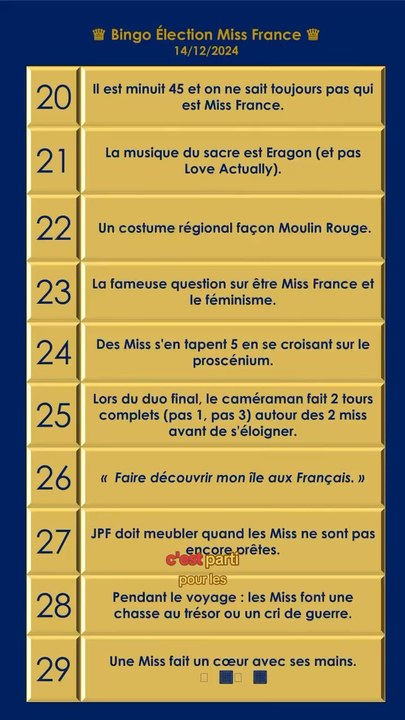 Bingo Miss France 2025 partie 30 (20 à 29)
