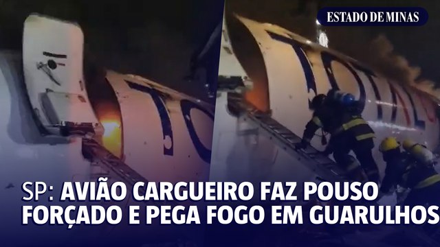 Avião cargueiro faz pouso de emergência e pega fogo em Guarulhos