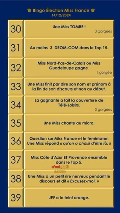 Bingo Miss France 2025 partie 4 30 à 39