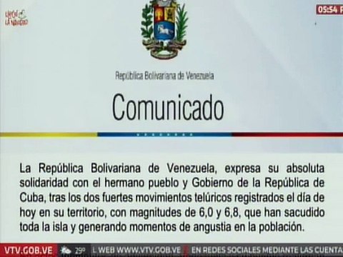 Comunicado I Venezuela expresa absoluta solidaridad con Cuba por movimientos telúricos registrados