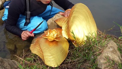 The golden clam bites a green snake, and the girl rescues and retrieves gold, pearls, and diamonds