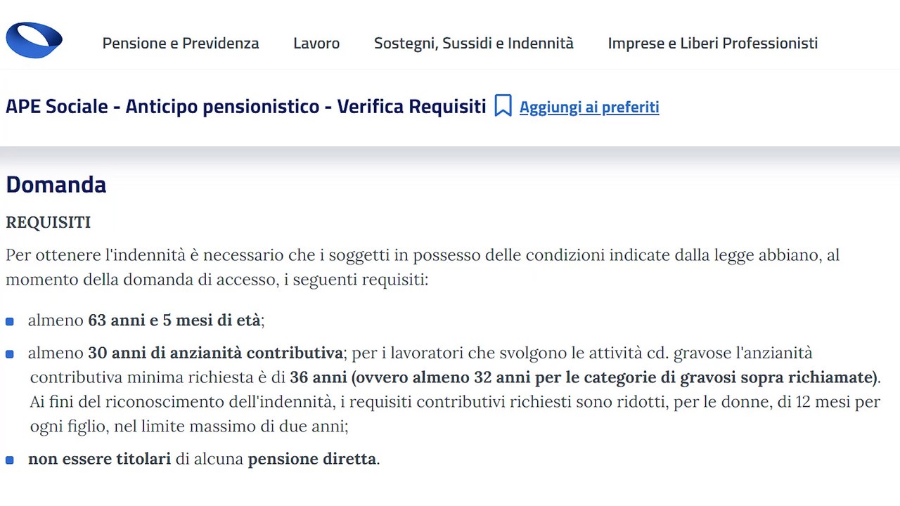 INPS APE SOCIALE scadenza della domanda di VERIFICA dei REQUISITI