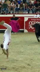 Man does a backflip over a live charging bull
