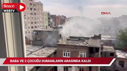 Yangında baba ve 2 çocuğu dumanların arasında kaldı; o anlar kamerada