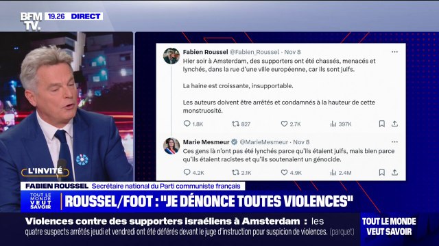 Affrontements à Amsterdam: La haine s'invite dans les stades, mais la haine de tout bord , regrette Fabien Roussel (PCF)