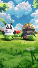 Baby panda playing with watermelon and friend