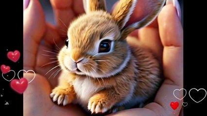Little cute rabbit and tiny animals are playing on human fingers, hands