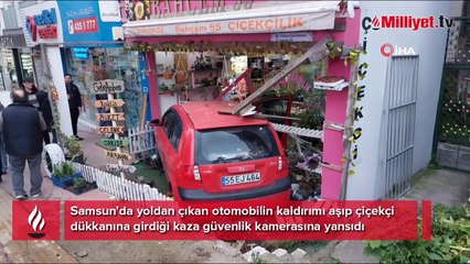 Yoldan çıkan otomobil çiçekçi dükkanına girdi: Kaza anı kamerada