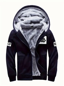 Men's Fleece-Lined Hooded Jacket - Stylish Letter Print, Zip-Up Sports Coat for Fall/Winter Outdoor Activities