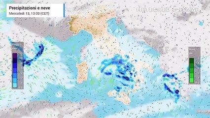 Mappa relativa alle precipitazioni previste nelle prossime ore