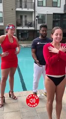 Friends trick girl in a dress into a trust fall that ends in the pool