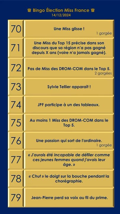 Bingo Miss France 2025 Partie 8 70-79