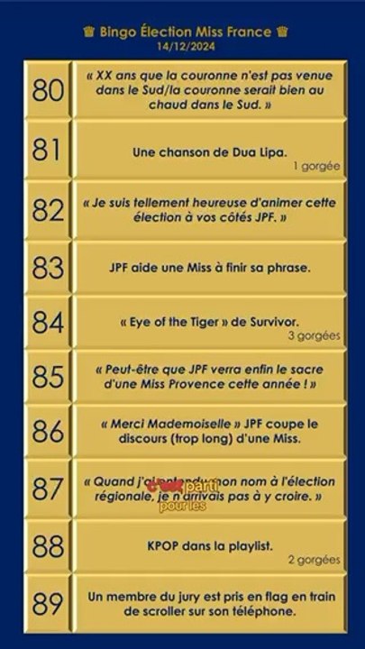 Bingo Miss France 2025 partie 9 80-90