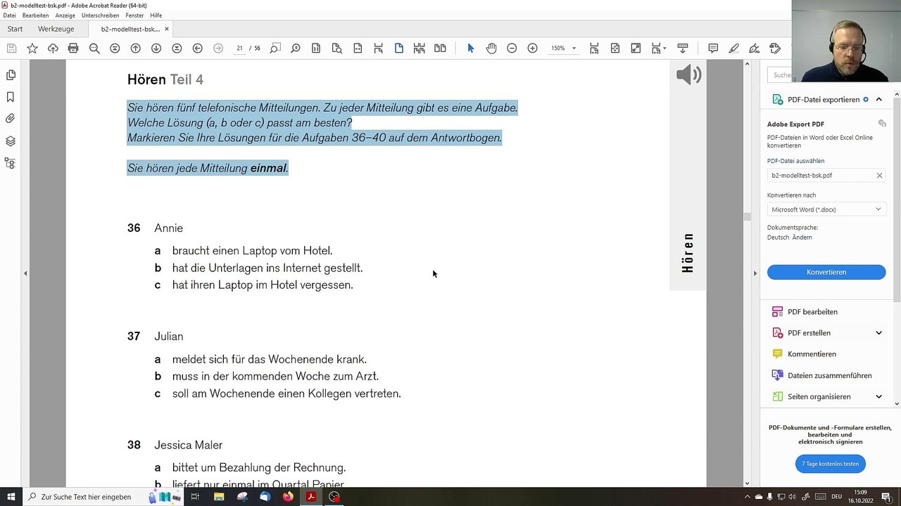 Deutsch-Test für den Beruf B2 – 10 – Prüfungsteil Hören Teil 4