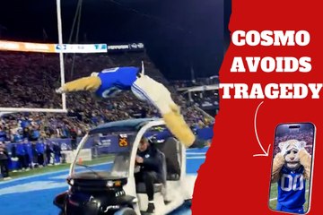 BYU mascot Cosmo Cougar avoids tragedy as he almost loses his head during an incredible jump over a cart
