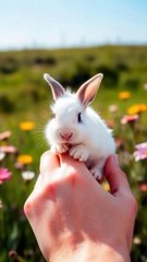 A cute baby rabbit sitting on the forefinger of a person
