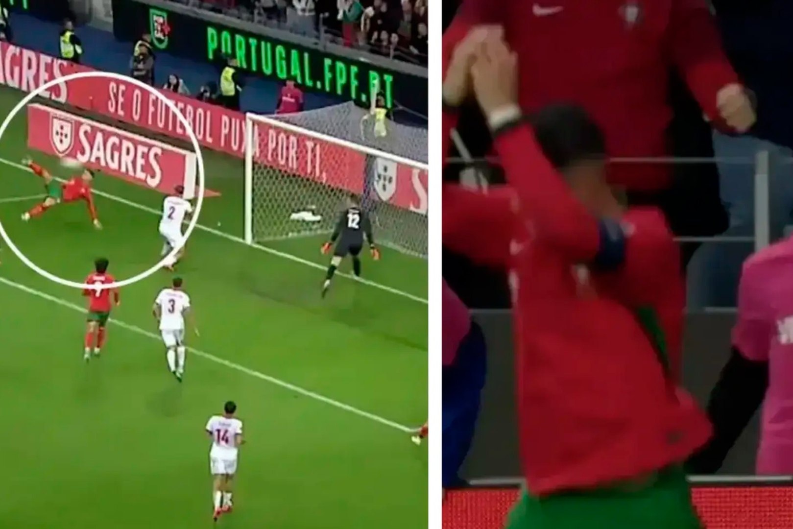 Cristiano Ronaldo festeja con los recogebalones su gol en el Portugal vs. Polonia