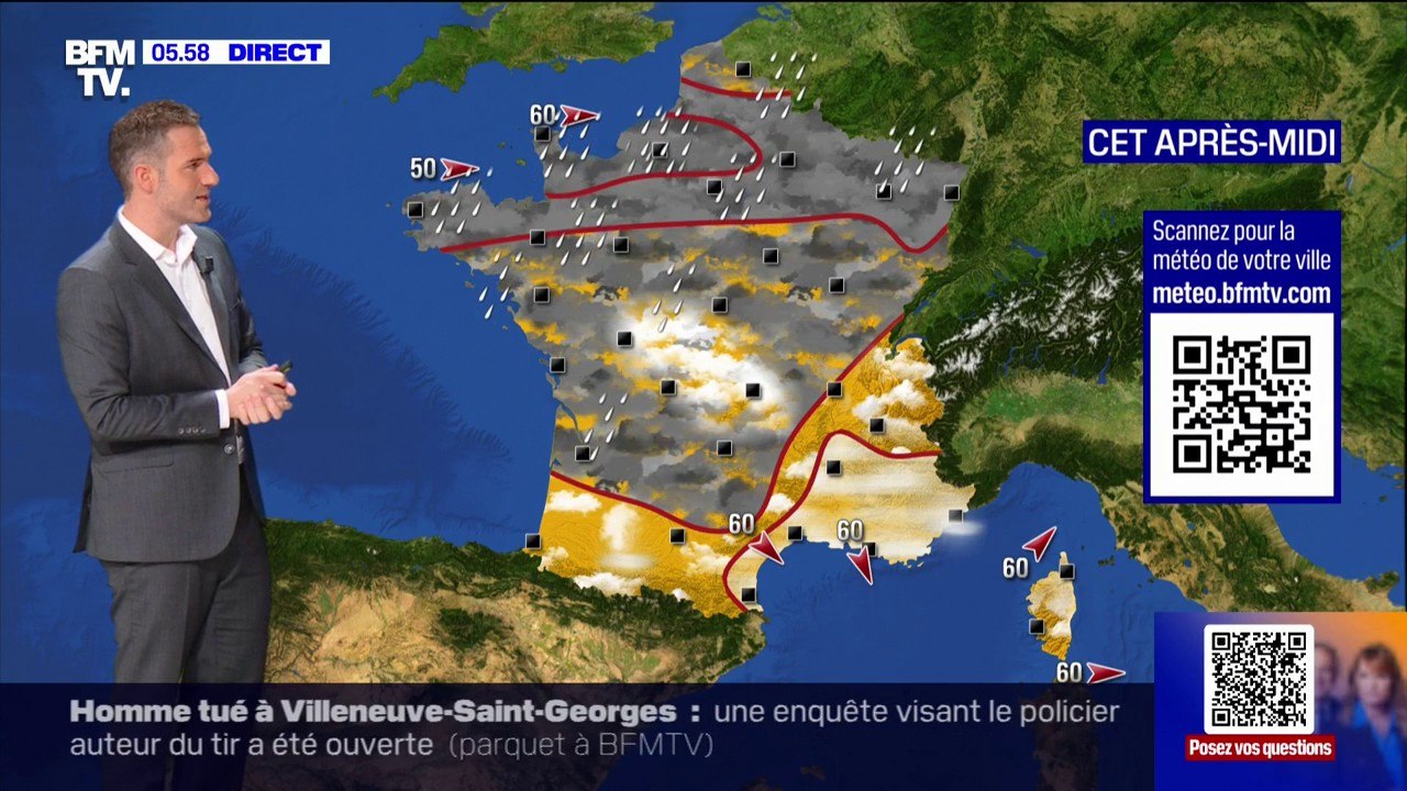 Un ciel très gris avec de la pluie sur la moitié nord de la France et des nuages dans le sud-est